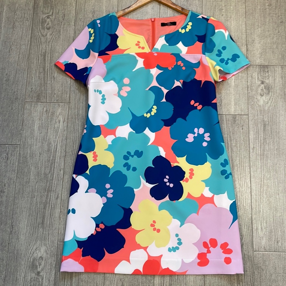 TRINA TURK Colorful Floral Short Sleeve Dress - 6 blue coral yellow purple